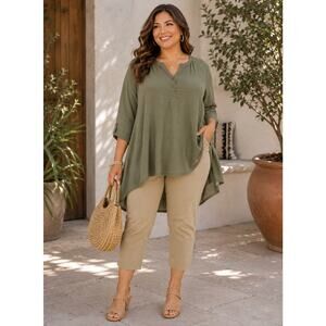Plus Size Olive Green High Low Tunic Top Boho Flowy Blouse 3X